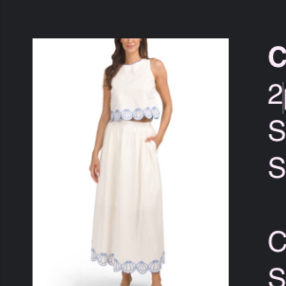 Calypso St. Barth White Maxi Crop Top and Skirt Set with Blue Trim